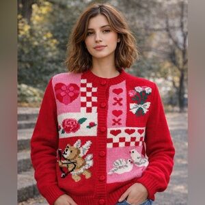 ALEXANDRA BARTLETT Womens Medium Pink Red Valentines Hearts Cardigan vintage